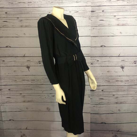 Vintage Jonathan Martin Silk black & gold dress with large round collar size 8 - Picture 6 of 12